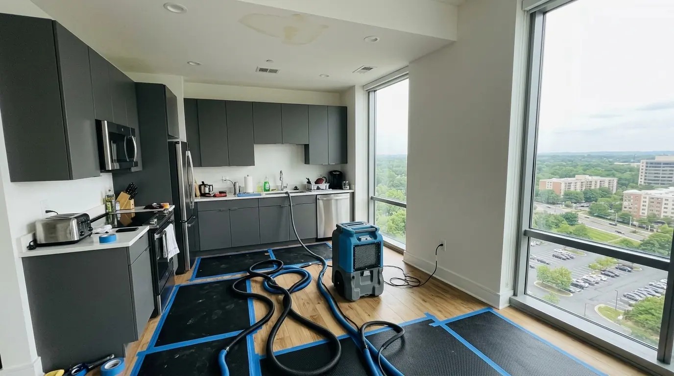 Condo kitchen with engineered wood flooring under drying mats and a dehumidifier near a stained ceiling