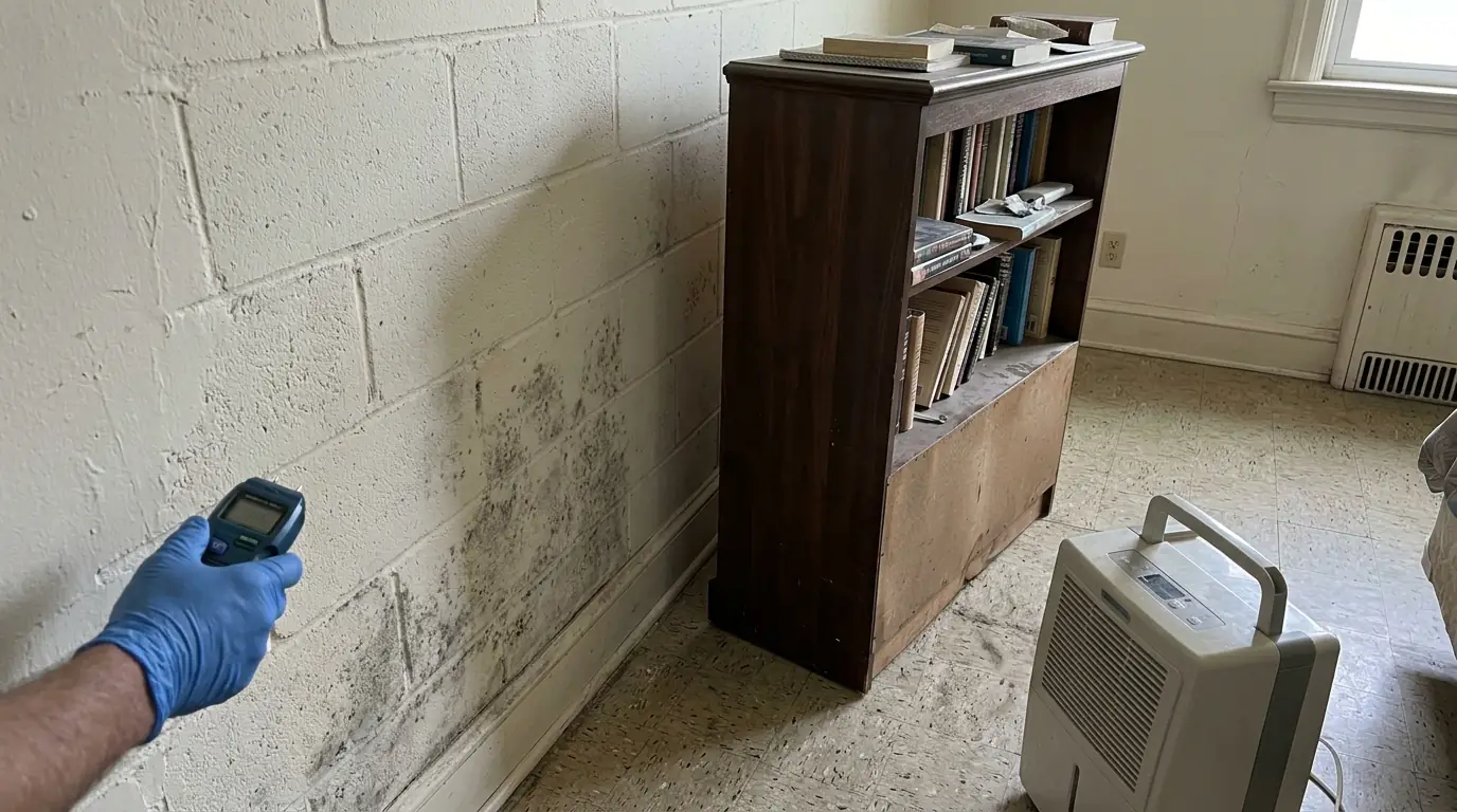 Mildew spots on a painted block wall behind a moved bookcase, checked with a moisture meter