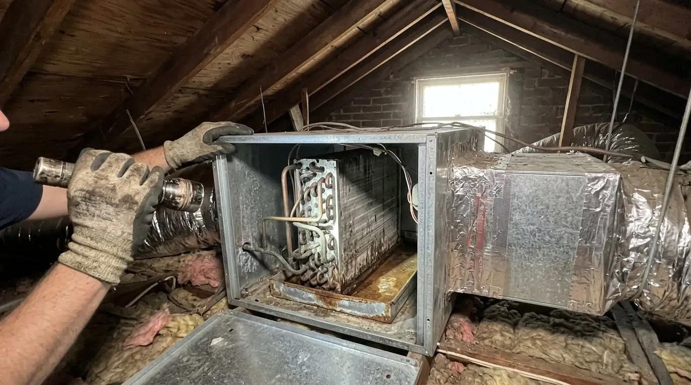 Open air handler in a rowhouse attic showing the evaporator coil and drain pan