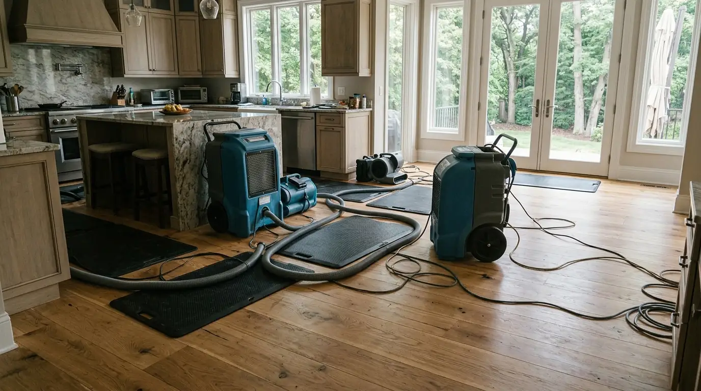 Drying mats and a dehumidifier on wide-plank oak flooring in a large wooded-lot kitchen