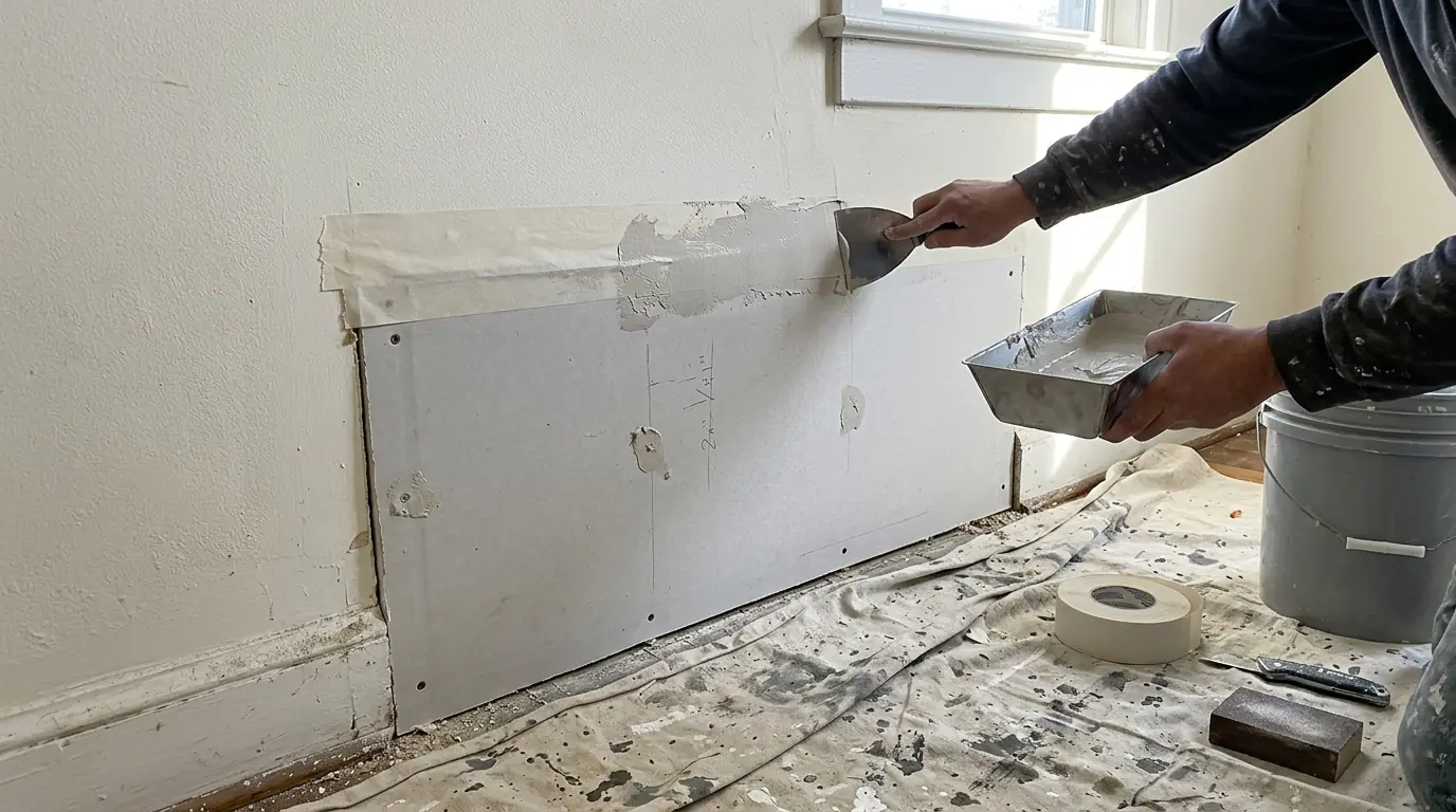 Fresh drywall patch being taped and mudded where water-damaged board was cut out of a wall