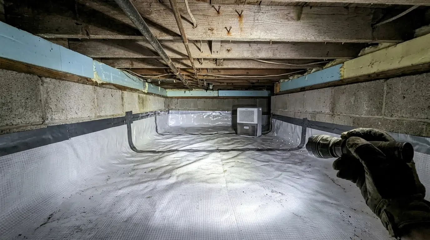 Crawl space under a frame bungalow lined with white vapor barrier sheeting running up the foundation walls