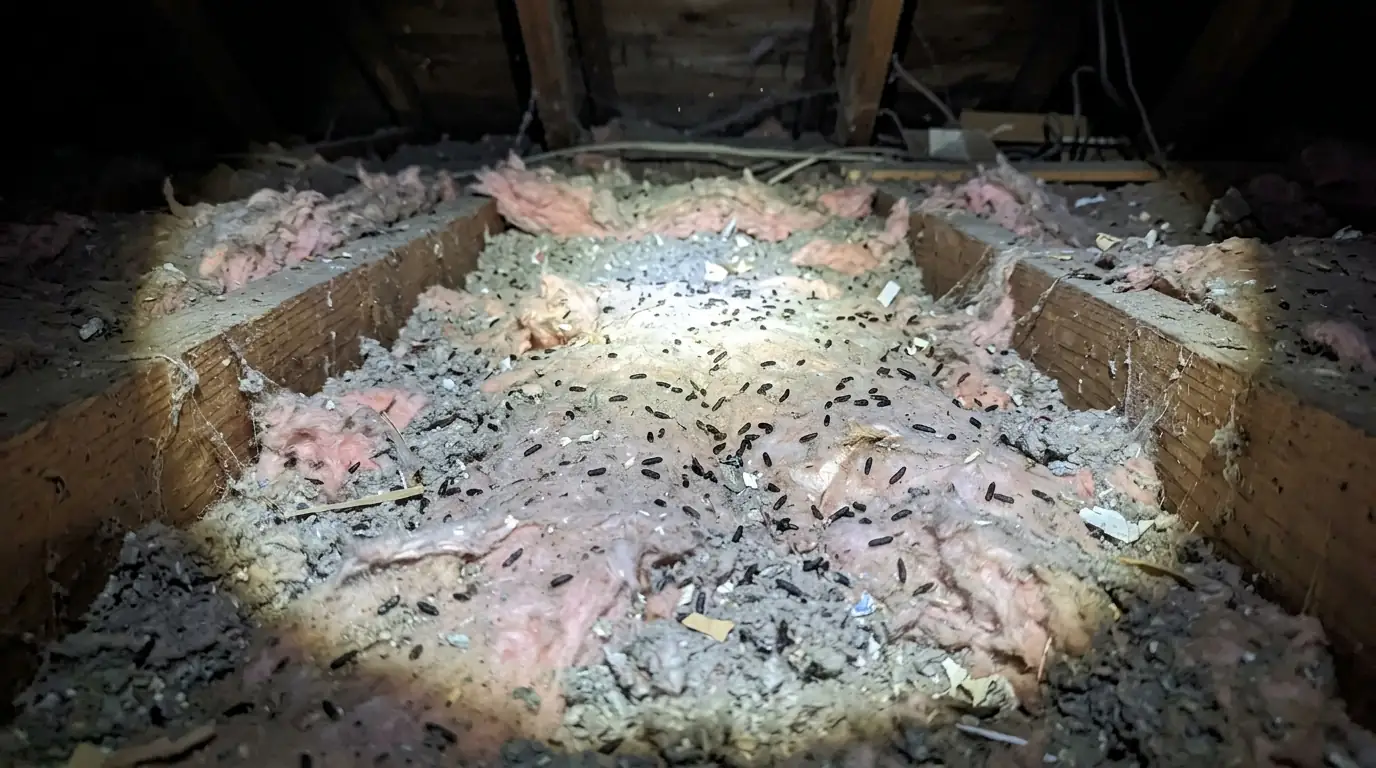Mouse droppings scattered on fluffy attic insulation lit by a headlamp beam